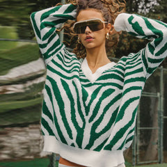 Contrast Green Zebra Pattern V Neck Oversized Pullover Sweater