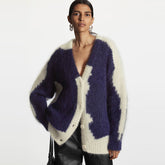 Cozy Navy Blue Color Block V Neck Button Up Mohair Blend Oversized Cardigan