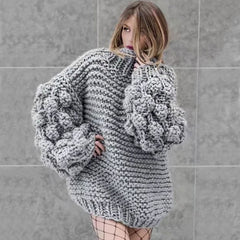 Cozy Funnel Neck Popcorn Detail Balloon Sleeve Chunky Knit Sweater