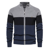 Cozy High Neck Long Sleeve Color Panel Winter Men Zip Up Cardigan