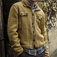 Cozy Textured Cable Knit Spread Collar Button Front Men Winter Cardigan