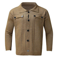 Cozy Textured Cable Knit Spread Collar Button Front Men Winter Cardigan