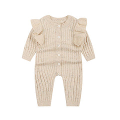 Cute Crew Neck Ruffle Trim Long Sleeve Button Front Ribbed Knit Baby Onesie