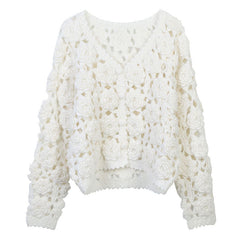 Cute White Rosette Crochet Hand Knit Button Up Wool Blend Crop Cardigan