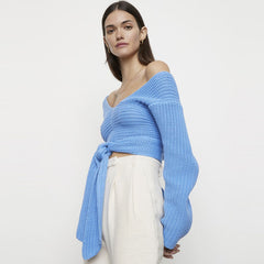 Elegant Blue Plunging Neck Open Back Long Sleeve Self Tie Brioche Knit Sweater
