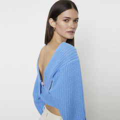 Elegant Blue Plunging Neck Open Back Long Sleeve Self Tie Brioche Knit Sweater