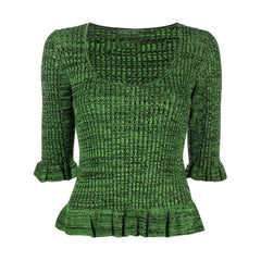 Feminine Green Ruffled Trim Half Sleeve Scoop Neck Marled Rib Knit Fitted Sweater