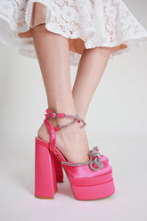 Hot Pink Satin Square Closed Toe Bow Diamante Double Platform Block Heels
