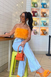 Orange Faux Feather Fur High Heel Mules