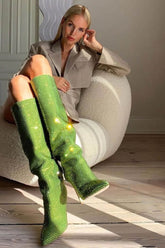 Gem Embellished Diamante Pointed Toe Stiletto Heel Knee High Long Boot - Red/Pink/Silver/Green