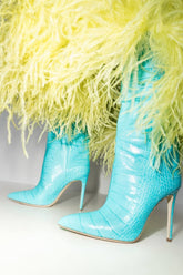 Croc-Effect Faux Leather Pointed Toe Stiletto Heel Knee High Boots