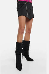 Ruched Faux Suede Slouch Slip-On Mid-Calf Pointed Toe Stiletto Heel Boots - Black/Beige/Hot Pink/Brown