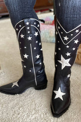 Stars Pointed Toe Long Western Cowboy Knee Block Boots - Black