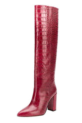 Croc-Effect Faux Leather Pointed Toe Block Heel Knee-High Boots - Burgundy