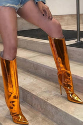 Metallic Finish Knee-High Pointed Toe Stiletto Boots - Orange