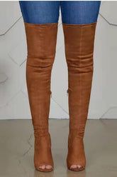 Faux Suede Peep Toe Heeled Over The Knee Boots - Brown
