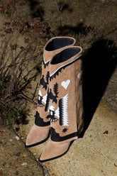 Suede Western Cowboy Fold Over Pointed Toe Knee High Block Heel Boots