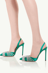 Holographic Crossover Diamante Pointed Toe Slingback Stiletto Pumps - Green