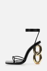 Lace Up Square Thong Toe Chain Heels - Black