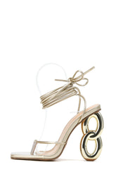 Lace Up Square Thong Toe Chain Heels - Gold