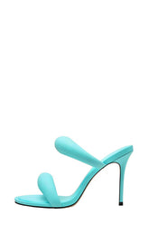 Doulbe Puffed Straps Open Toe Mule Sandals - Cyan