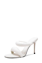 Doulbe Puffed Straps Open Toe Mule Sandals - White