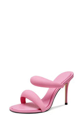 Doulbe Puffed Straps Open Toe Mule Sandals - Pink