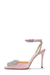 Pink Satin Triple Heart Crystal-Embellished Wrap Around Pointed Toe Stiletto Heels