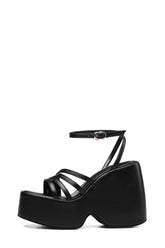 Faux Leather Strappy Peep Toe Wedge Heeled Ankle Sandals - Black