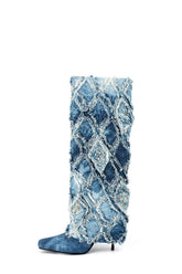 Denim Patchwork Folded Crystal Square Toe Knee High Stiletto Long Boots