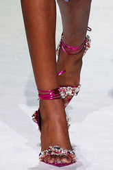 Metallic Crystal-Embellished Poiny Jewel Lace Up Stiletto Heeled Sandals - Red