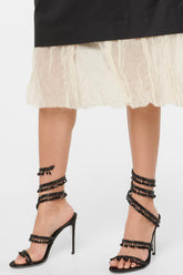 Crystal Chandelier Embellished Faux Satin Wraparound Self-Tie Slingback Sandals - Black