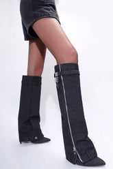 Wrapped Denim Padlock Detail Folded Pointed Stiletto Heel Knee High Long Chunky Biker Boots - Black
