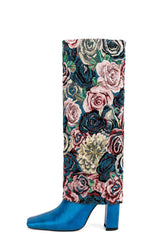 Blue Floral Folded Knee High Square Toe Block Heel Long Boots