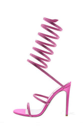 Diamante Wrap Around Almond Open Toe Stiletto Sandals - Hot Pink