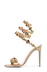 Rhinestones-Embellished Snake Wrap Stiletto Sandals - Gold