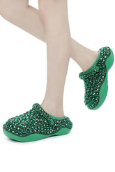 Rhinestone-Embellished Rubber Sling Back Slip On Platform Clogs - Green