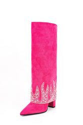Suede Folded Crystal Knee High Pointed Toe Block Heel Long Boots - Pink