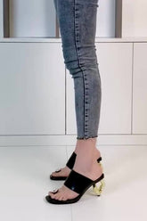 Diamond Faux Leather Square Toe Chain Heel Sandal - Black