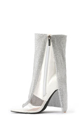 Rhinestone Mesh Overlay Open Pointed Toe Pvc Stiletto Boots - White