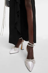 Satin Diamante Bow Pointed Toe Platform Flared Block Heel - White