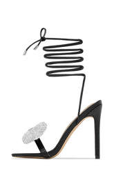 Rhinestone Bow Square Open Toe Stiletto Sandal - Black