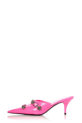 Pointed Toe Stiletto Mules With Studs And Pin Buckle Strap Details - Pink