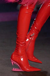 Patent Pointed Toe Over-The-Knee Morso Heeled Boots - Red