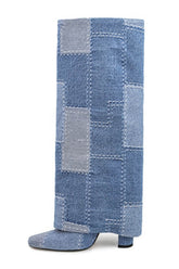 Denim Patchwork Fold Over Square Toe Block Heeled Boots - Dark Blue