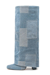 Denim Patchwork Fold Over Square Toe Block Heeled Boots - Light Blue