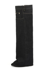Denim Folded Pointed Toe Block Heel Over The Knee Pocket Boots - Black