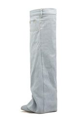 Denim Folded Pointed Toe Block Heel Over The Knee Pocket Boots - Light Blue