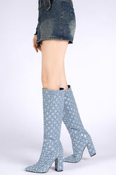 Denim Sequin Pointed Toe Block Heel Knee Long Boot