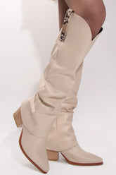 Faux Leather Pointed Toe Western Foldover Knee-High Boots - Beige